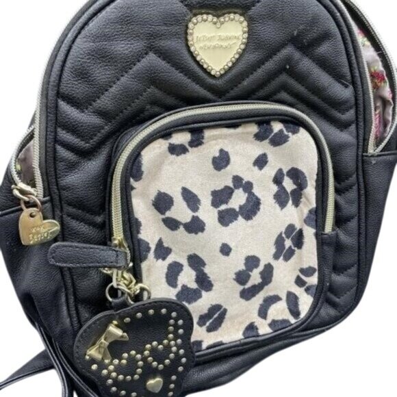 Betsey Johnson Black Leopard Mini Backpack crossbody w/ Skull Studded Bag Charm - Picture 8 of 8